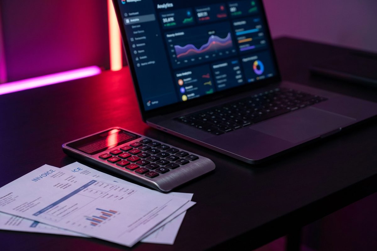Calculatrice, factures et ordinateur portable sur un bureau sombre, éclairage magenta