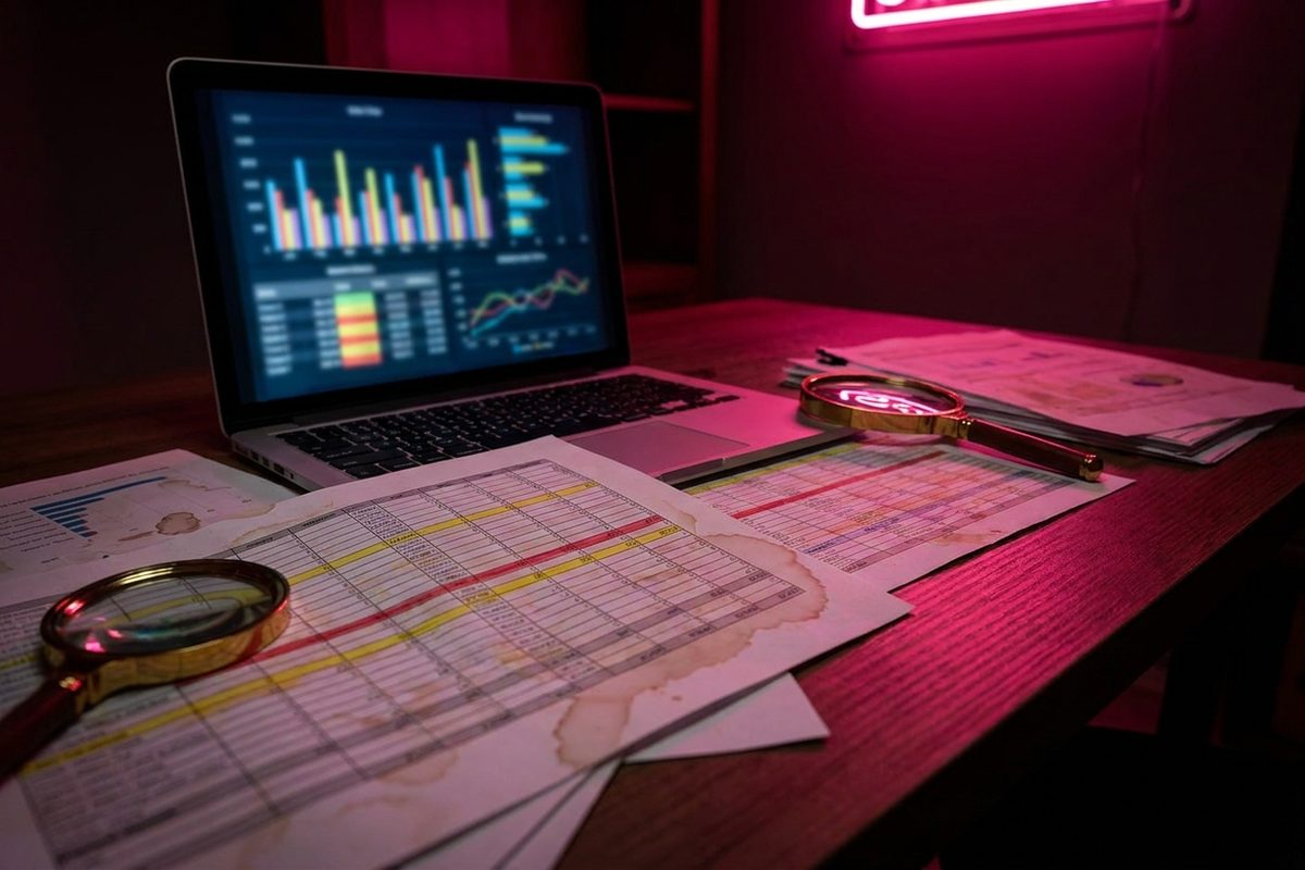 Bureau sombre avec ordinateur affichant des graphiques d'analyse et feuilles de données, éclairage magenta